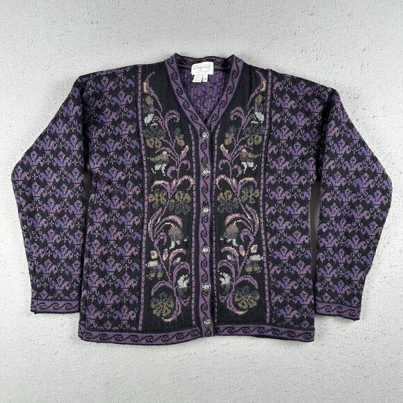 Chessy Lewis Sweater Womens Petite Medium Floral England V Neck Cardigan Wool - Picture 1 of 16
